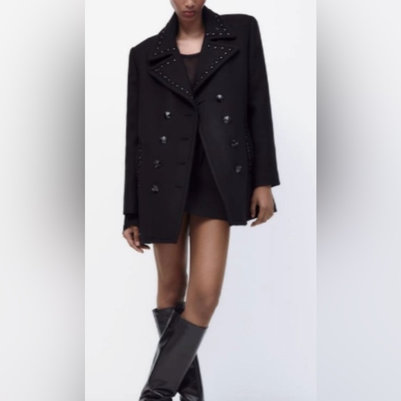 🌷SOLD 🌷ZARA Black Wool Blend Studded Double-Breasted Coat/Jacket | Medium | NWT - Picture 2 of 13